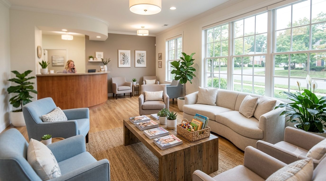 Warm, welcoming waiting room at Engstrom & Gill Dental