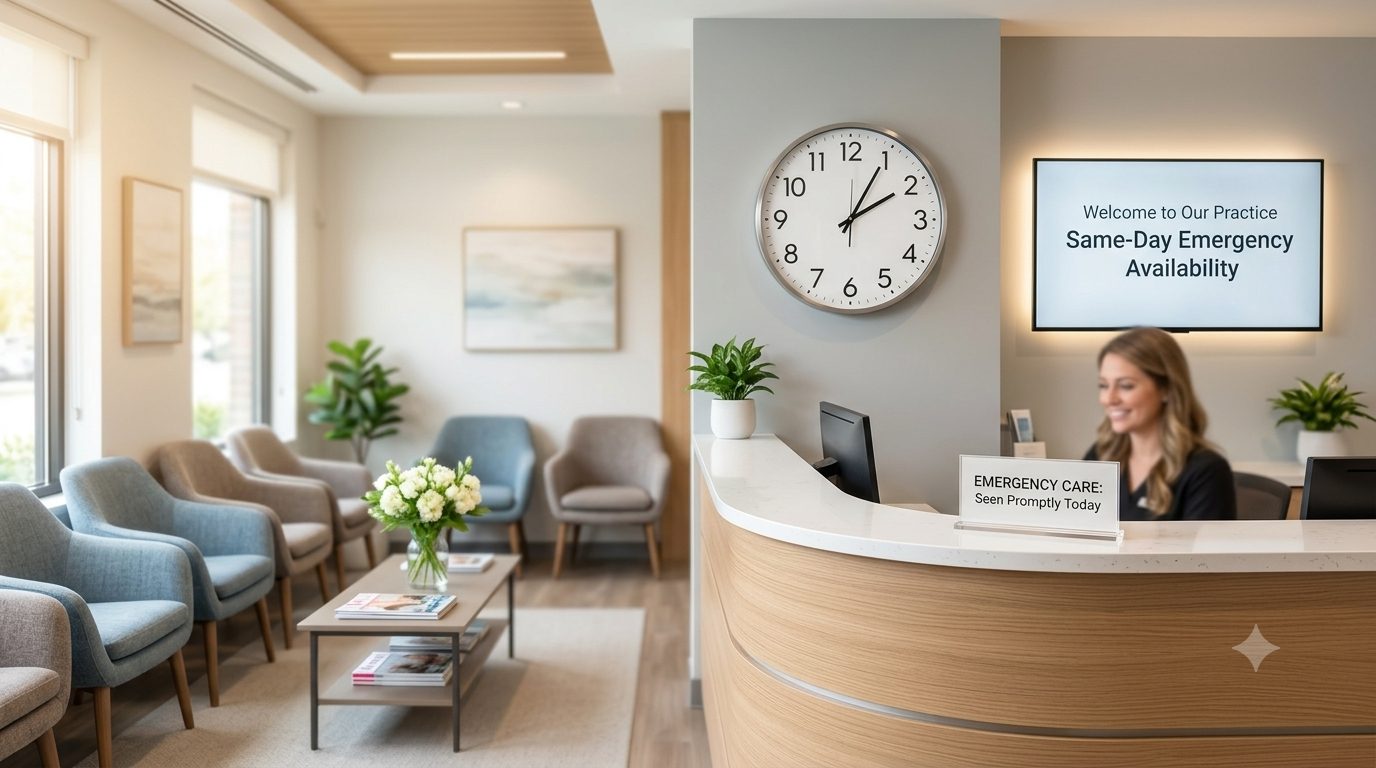 Comfortable reception area ready for same-day emergency care