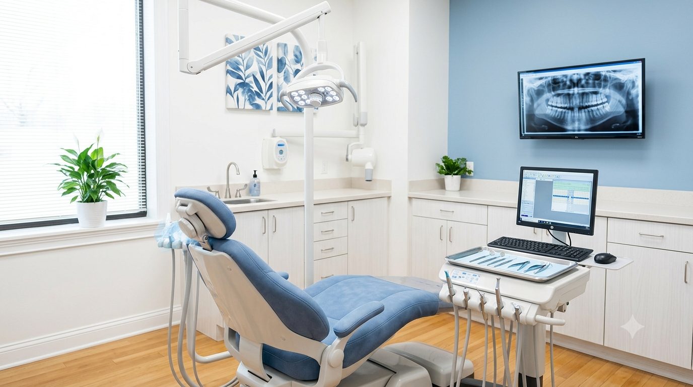 Modern dental exam room at Engstrom & Gill Dental